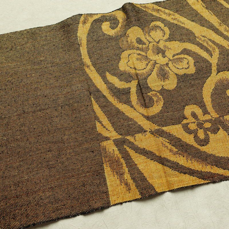 名古屋帯 六通柄 正絹 花柄 松葉仕立て なごや帯 リサイクル帯 帯 紬地 黄・黄土色_画像15