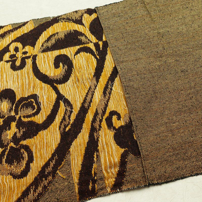 名古屋帯 六通柄 正絹 花柄 松葉仕立て なごや帯 リサイクル帯 帯 紬地 黄・黄土色_画像17
