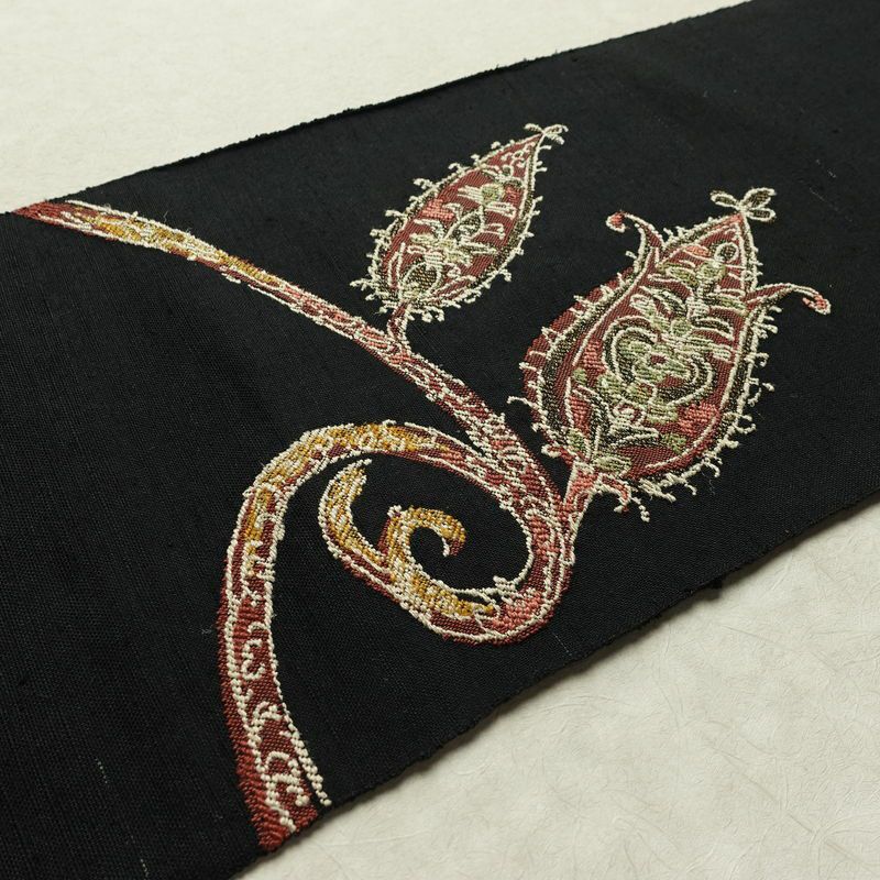 名古屋帯 太鼓柄 正絹 木の葉・植物柄 名古屋仕立て なごや帯 リサイクル帯 帯 シンプル 黒_画像12