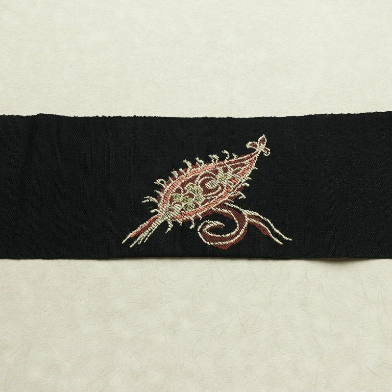 名古屋帯 太鼓柄 正絹 木の葉・植物柄 名古屋仕立て なごや帯 リサイクル帯 帯 シンプル 黒_画像15