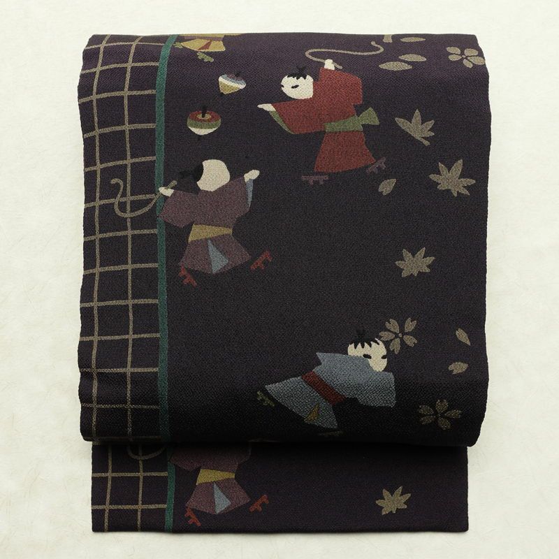 名古屋帯 全通柄 縮緬 正絹 人物・動物柄 名古屋仕立て なごや帯 リサイクル帯 帯 紫・藤色_画像1