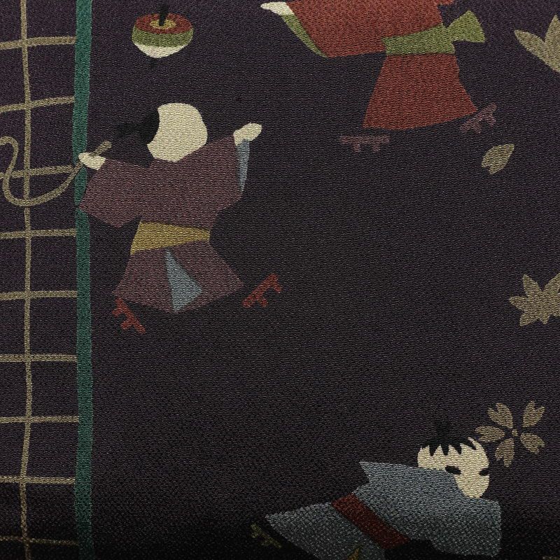 名古屋帯 全通柄 縮緬 正絹 人物・動物柄 名古屋仕立て なごや帯 リサイクル帯 帯 紫・藤色_画像2