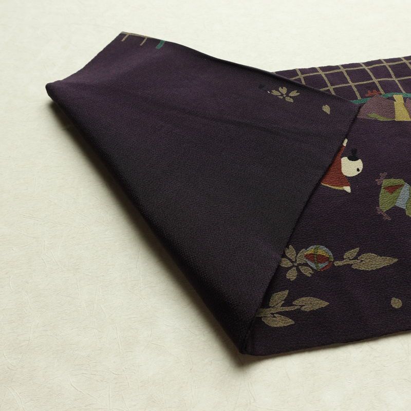 名古屋帯 全通柄 縮緬 正絹 人物・動物柄 名古屋仕立て なごや帯 リサイクル帯 帯 紫・藤色_画像8