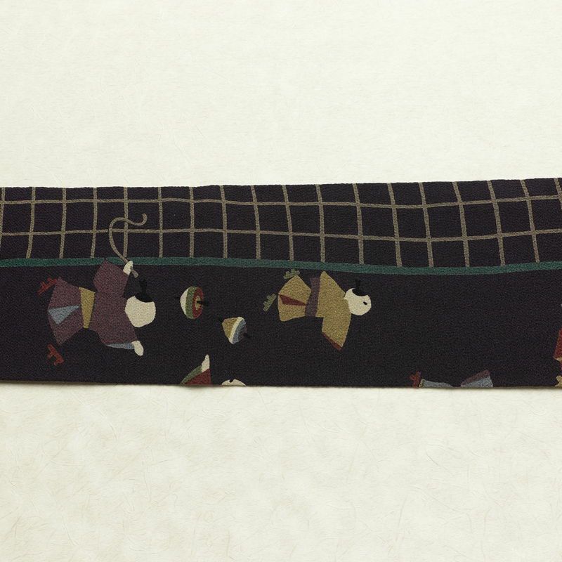 名古屋帯 全通柄 縮緬 正絹 人物・動物柄 名古屋仕立て なごや帯 リサイクル帯 帯 紫・藤色_画像10