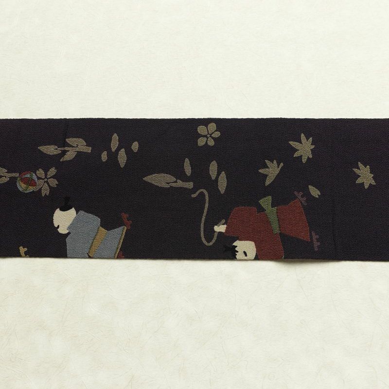 名古屋帯 全通柄 縮緬 正絹 人物・動物柄 名古屋仕立て なごや帯 リサイクル帯 帯 紫・藤色_画像11