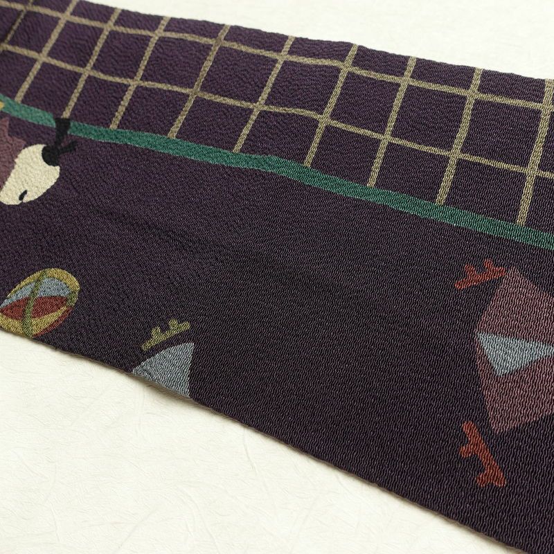 名古屋帯 全通柄 縮緬 正絹 人物・動物柄 名古屋仕立て なごや帯 リサイクル帯 帯 紫・藤色_画像17