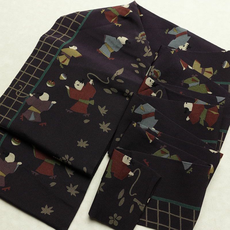 名古屋帯 全通柄 縮緬 正絹 人物・動物柄 名古屋仕立て なごや帯 リサイクル帯 帯 紫・藤色_画像18