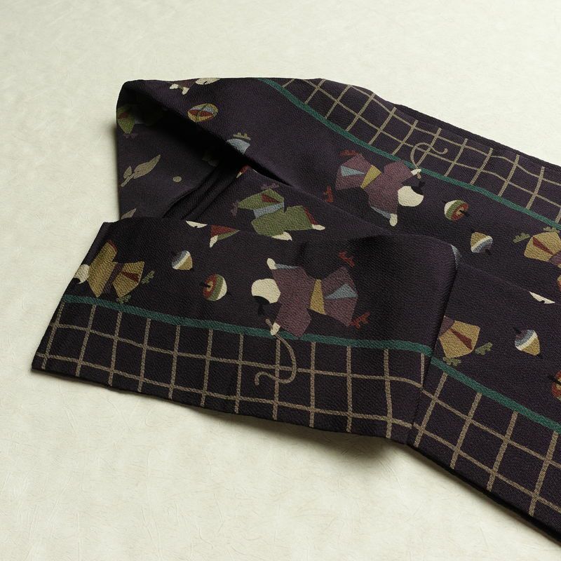 名古屋帯 全通柄 縮緬 正絹 人物・動物柄 名古屋仕立て なごや帯 リサイクル帯 帯 紫・藤色_画像21