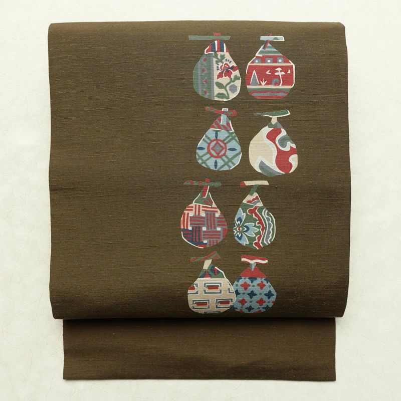 名古屋帯 太鼓柄 良品 正絹 木の葉・植物柄 名古屋仕立て なごや帯 リサイクル帯 帯 柿 モダン シンプル 茶_画像1