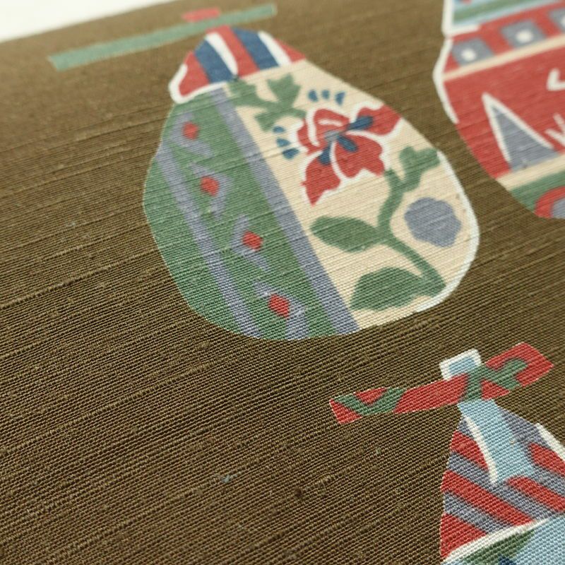 名古屋帯 太鼓柄 良品 正絹 木の葉・植物柄 名古屋仕立て なごや帯 リサイクル帯 帯 柿 モダン シンプル 茶_画像5