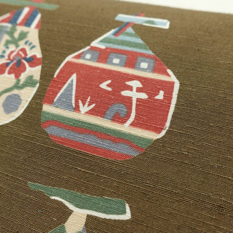 名古屋帯 太鼓柄 良品 正絹 木の葉・植物柄 名古屋仕立て なごや帯 リサイクル帯 帯 柿 モダン シンプル 茶_画像6