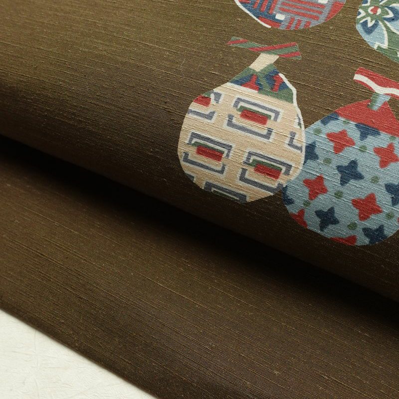 名古屋帯 太鼓柄 良品 正絹 木の葉・植物柄 名古屋仕立て なごや帯 リサイクル帯 帯 柿 モダン シンプル 茶_画像7