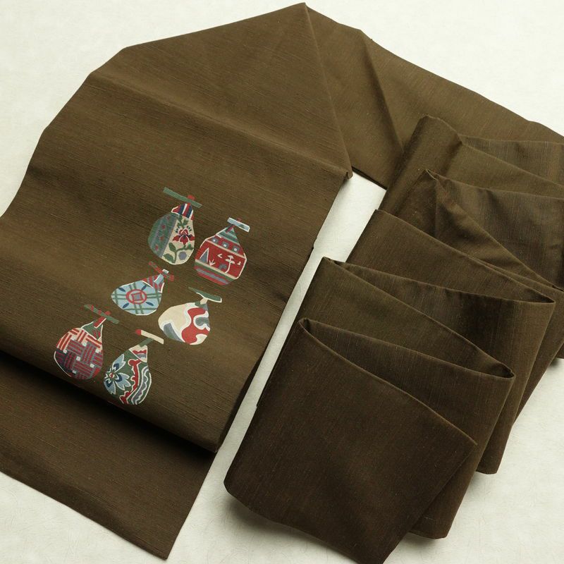 名古屋帯 太鼓柄 良品 正絹 木の葉・植物柄 名古屋仕立て なごや帯 リサイクル帯 帯 柿 モダン シンプル 茶_画像16