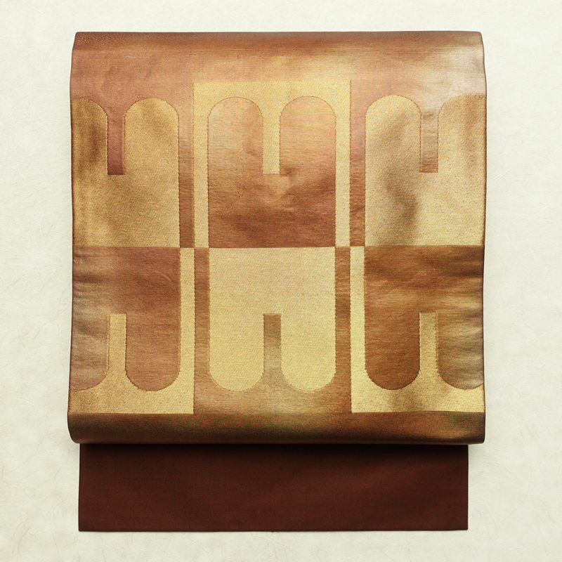 名古屋帯 太鼓柄 良品 正絹 幾何学柄・抽象柄 名古屋仕立て なごや帯 リサイクル帯 帯 引箔 モダン シンプル 茶_画像1