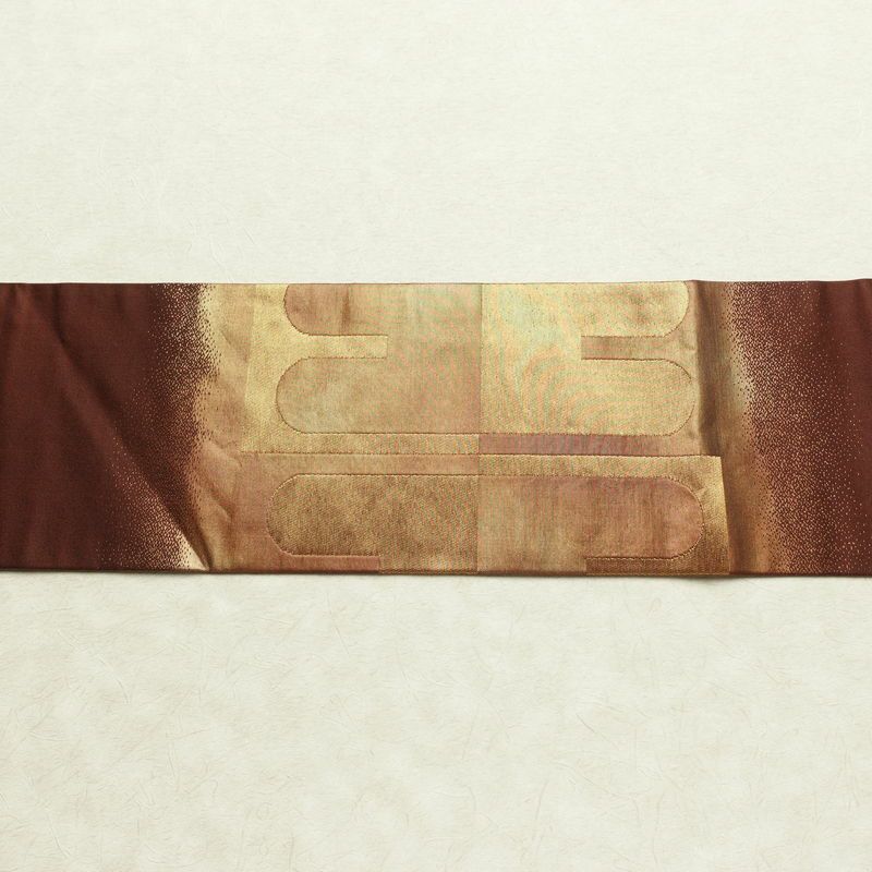 名古屋帯 太鼓柄 良品 正絹 幾何学柄・抽象柄 名古屋仕立て なごや帯 リサイクル帯 帯 引箔 モダン シンプル 茶_画像12