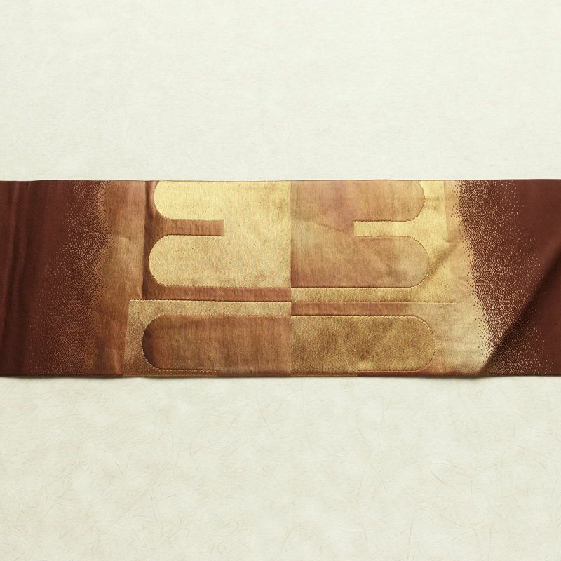 名古屋帯 太鼓柄 良品 正絹 幾何学柄・抽象柄 名古屋仕立て なごや帯 リサイクル帯 帯 引箔 モダン シンプル 茶_画像14