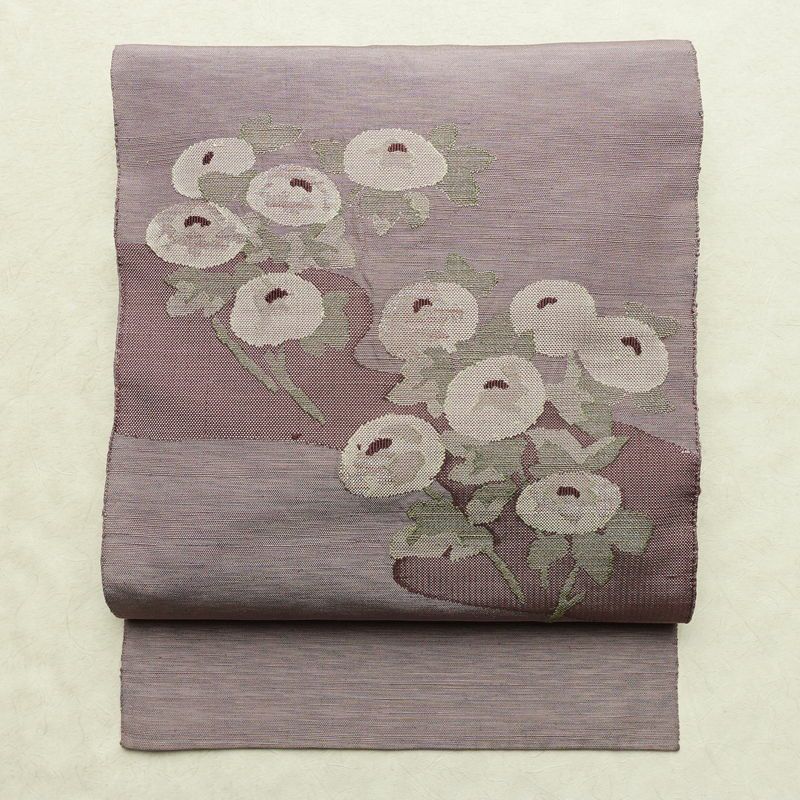 名古屋帯 太鼓柄 正絹 花柄 名古屋仕立て なごや帯 リサイクル帯 帯 紫・藤色_画像1