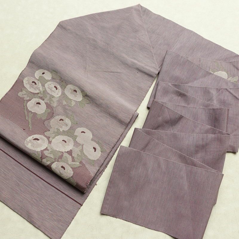 名古屋帯 太鼓柄 正絹 花柄 名古屋仕立て なごや帯 リサイクル帯 帯 紫・藤色_画像17