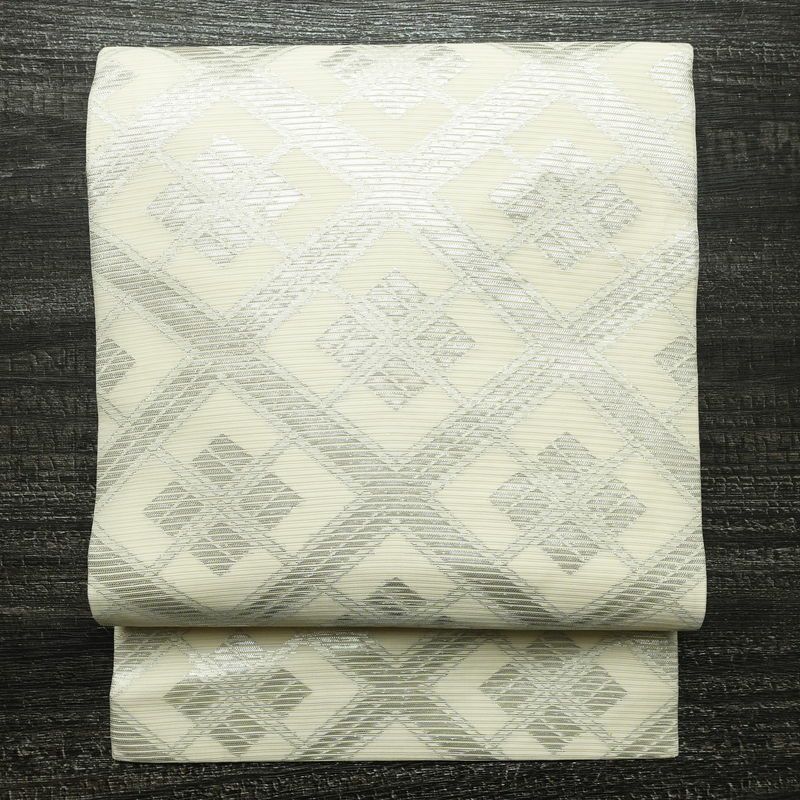 名古屋帯 全通柄 正絹 古典柄 名古屋仕立て なごや帯 リサイクル帯 帯 銀糸 白_画像1