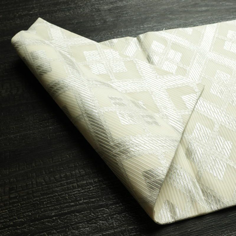 名古屋帯 全通柄 正絹 古典柄 名古屋仕立て なごや帯 リサイクル帯 帯 銀糸 白_画像9