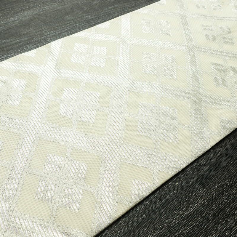 名古屋帯 全通柄 正絹 古典柄 名古屋仕立て なごや帯 リサイクル帯 帯 銀糸 白_画像11