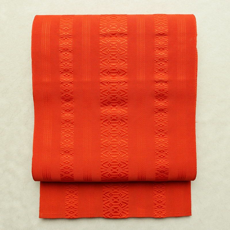 名古屋帯 全通柄 良品 夏用 混紡 縞柄・線柄 松葉仕立て なごや帯 リサイクル帯 帯 橙_画像1