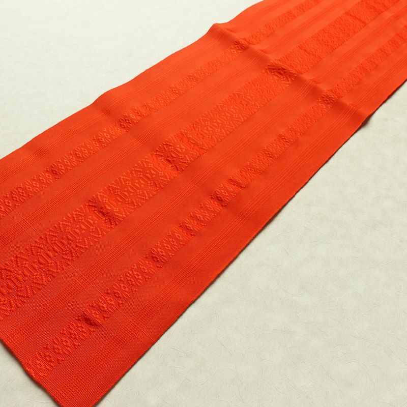 名古屋帯 全通柄 良品 夏用 混紡 縞柄・線柄 松葉仕立て なごや帯 リサイクル帯 帯 橙_画像8