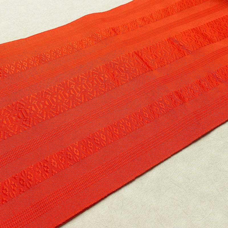 名古屋帯 全通柄 良品 夏用 混紡 縞柄・線柄 松葉仕立て なごや帯 リサイクル帯 帯 橙_画像11