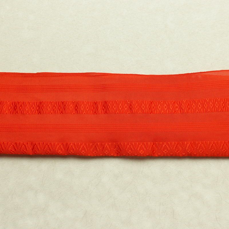 名古屋帯 全通柄 良品 夏用 混紡 縞柄・線柄 松葉仕立て なごや帯 リサイクル帯 帯 橙_画像14