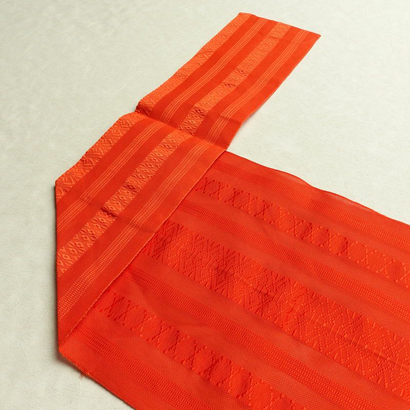 名古屋帯 全通柄 良品 夏用 混紡 縞柄・線柄 松葉仕立て なごや帯 リサイクル帯 帯 橙_画像15