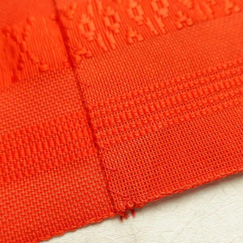 名古屋帯 全通柄 良品 夏用 混紡 縞柄・線柄 松葉仕立て なごや帯 リサイクル帯 帯 橙_画像18