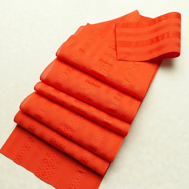 名古屋帯 全通柄 良品 夏用 混紡 縞柄・線柄 松葉仕立て なごや帯 リサイクル帯 帯 橙_画像19