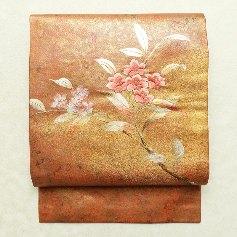 名古屋帯 太鼓柄 良品 正絹 花柄 名古屋仕立て なごや帯 リサイクル帯 帯 刺繍 箔 引箔 橙_画像1