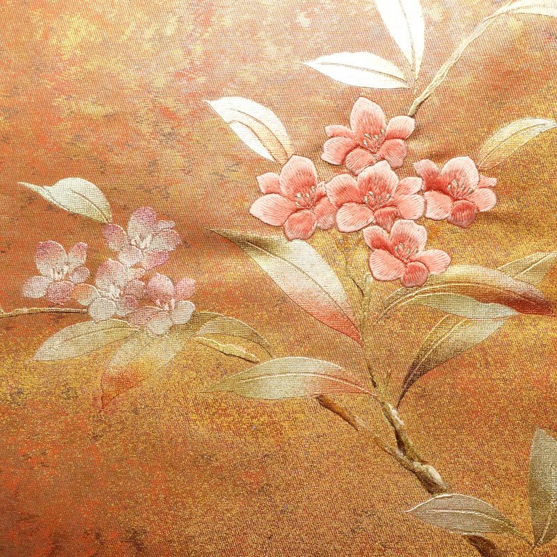 名古屋帯 太鼓柄 良品 正絹 花柄 名古屋仕立て なごや帯 リサイクル帯 帯 刺繍 箔 引箔 橙_画像2