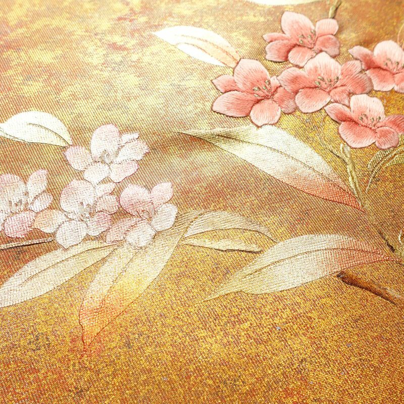 名古屋帯 太鼓柄 良品 正絹 花柄 名古屋仕立て なごや帯 リサイクル帯 帯 刺繍 箔 引箔 橙_画像3