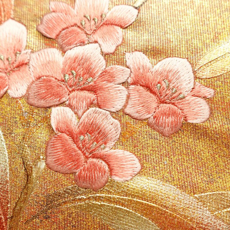 名古屋帯 太鼓柄 良品 正絹 花柄 名古屋仕立て なごや帯 リサイクル帯 帯 刺繍 箔 引箔 橙_画像4