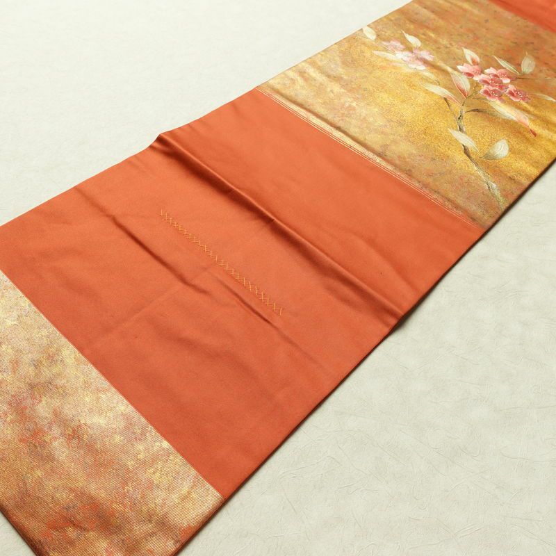 名古屋帯 太鼓柄 良品 正絹 花柄 名古屋仕立て なごや帯 リサイクル帯 帯 刺繍 箔 引箔 橙_画像10