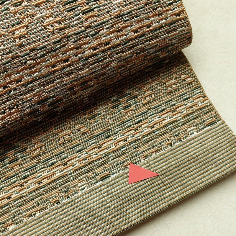 名古屋帯 全通柄 良品 正絹 幾何学柄・抽象柄 通し仕立て なごや帯 リサイクル帯 帯 オリエンタル ベージュ_画像8