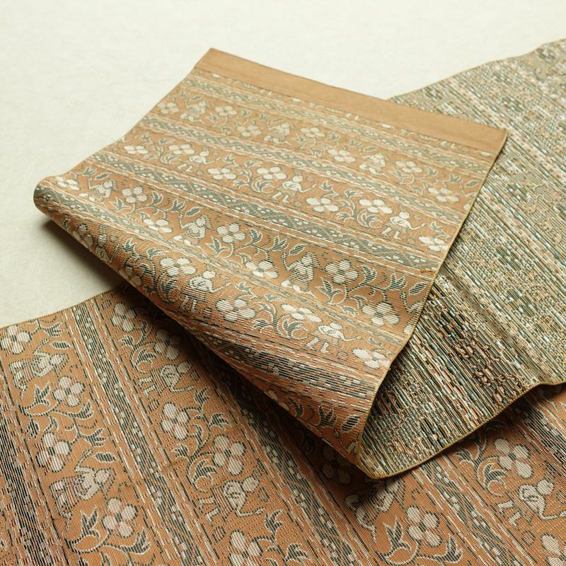 名古屋帯 全通柄 良品 正絹 幾何学柄・抽象柄 通し仕立て なごや帯 リサイクル帯 帯 オリエンタル ベージュ_画像11