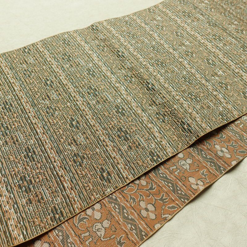 名古屋帯 全通柄 良品 正絹 幾何学柄・抽象柄 通し仕立て なごや帯 リサイクル帯 帯 オリエンタル ベージュ_画像13