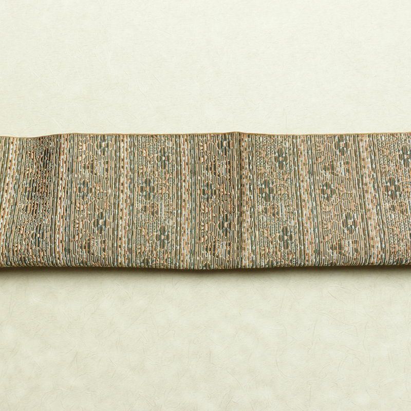 名古屋帯 全通柄 良品 正絹 幾何学柄・抽象柄 通し仕立て なごや帯 リサイクル帯 帯 オリエンタル ベージュ_画像16