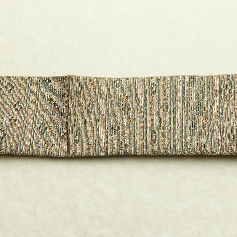 名古屋帯 全通柄 良品 正絹 幾何学柄・抽象柄 通し仕立て なごや帯 リサイクル帯 帯 オリエンタル ベージュ_画像17