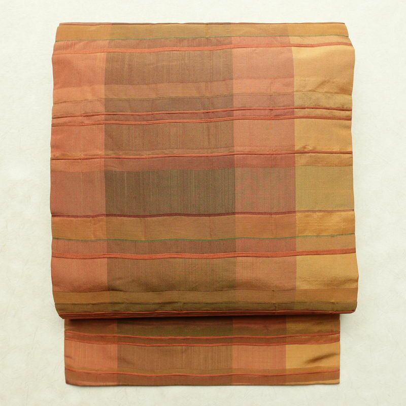 名古屋帯 六通柄 正絹 縞柄・線柄 名古屋仕立て なごや帯 リサイクル帯 帯 モダン 橙_画像1