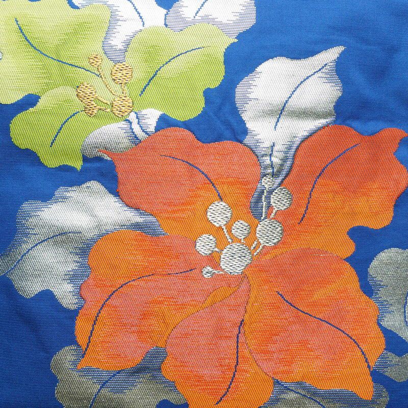 名古屋帯 太鼓柄 正絹 花柄 名古屋仕立て なごや帯 リサイクル帯 帯 箔 金糸 銀糸 青・紺_画像2