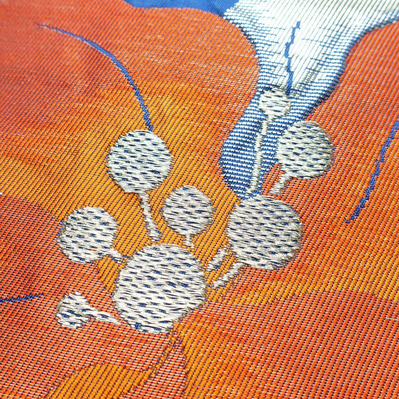 名古屋帯 太鼓柄 正絹 花柄 名古屋仕立て なごや帯 リサイクル帯 帯 箔 金糸 銀糸 青・紺_画像3