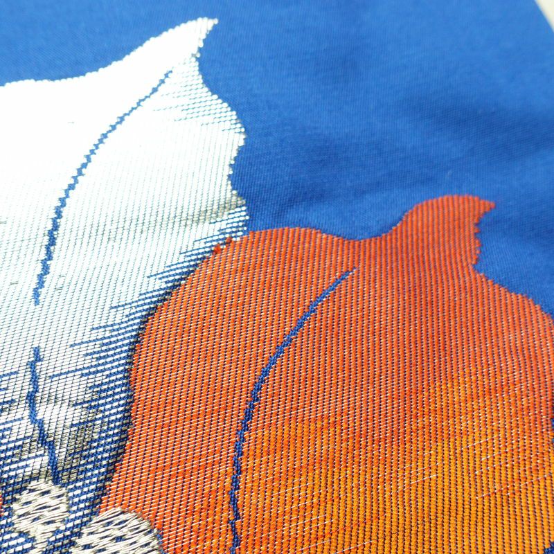 名古屋帯 太鼓柄 正絹 花柄 名古屋仕立て なごや帯 リサイクル帯 帯 箔 金糸 銀糸 青・紺_画像5