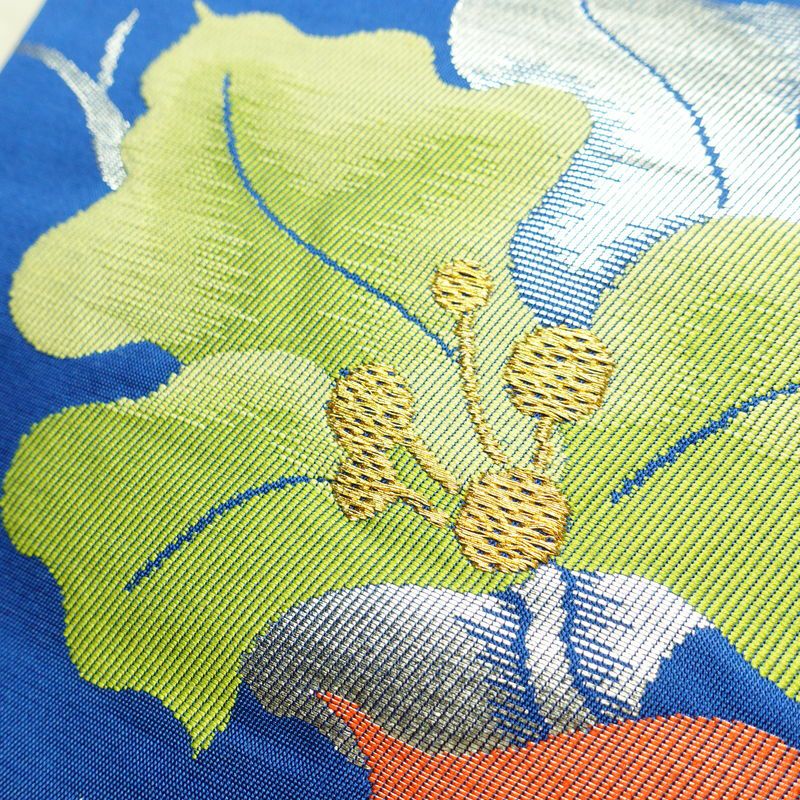 名古屋帯 太鼓柄 正絹 花柄 名古屋仕立て なごや帯 リサイクル帯 帯 箔 金糸 銀糸 青・紺_画像6