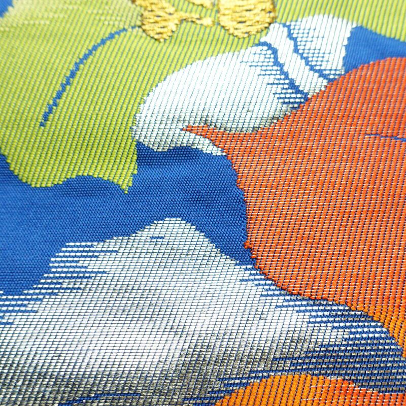 名古屋帯 太鼓柄 正絹 花柄 名古屋仕立て なごや帯 リサイクル帯 帯 箔 金糸 銀糸 青・紺_画像7