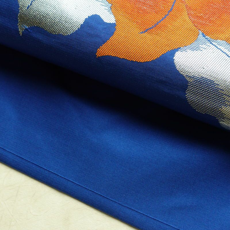 名古屋帯 太鼓柄 正絹 花柄 名古屋仕立て なごや帯 リサイクル帯 帯 箔 金糸 銀糸 青・紺_画像8