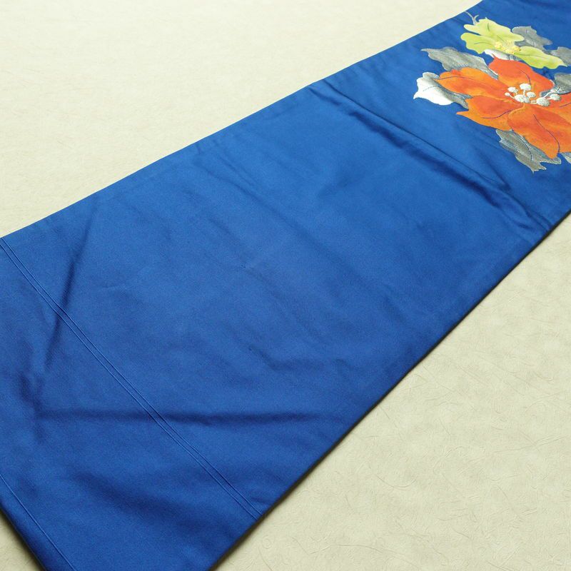 名古屋帯 太鼓柄 正絹 花柄 名古屋仕立て なごや帯 リサイクル帯 帯 箔 金糸 銀糸 青・紺_画像9